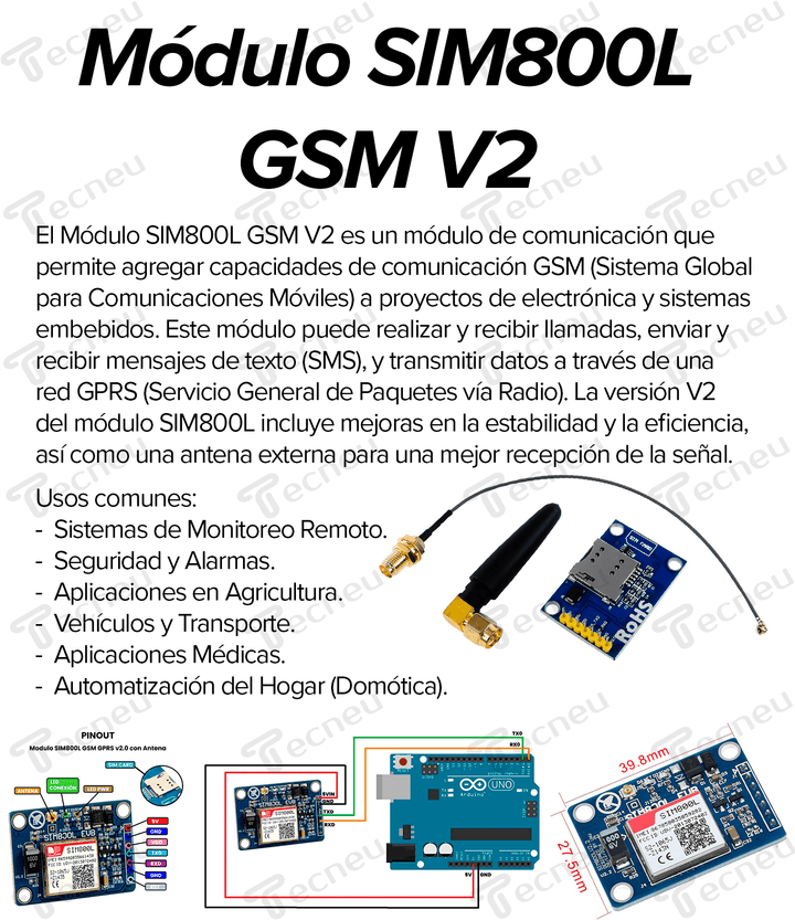 Modulo Sim800l Gsm V2 Con Antena - Tecneu