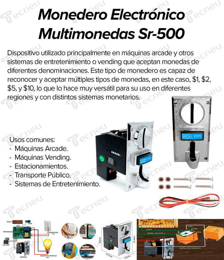Monedero Electrónico Multimonedas Maquina Arcade $1 $2 $5 $10 Sr - 500 - Tecneu