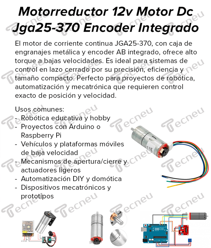 Motorreductor 12VDC JGA25 - 370 Motor 60 - 350RPM + Encoder Integrado - Tecneu