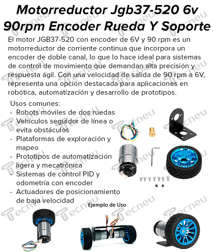 Motorreductor JGB37 - 520 6V 90rpm con Encoder Rueda y Soporte - Tecneu