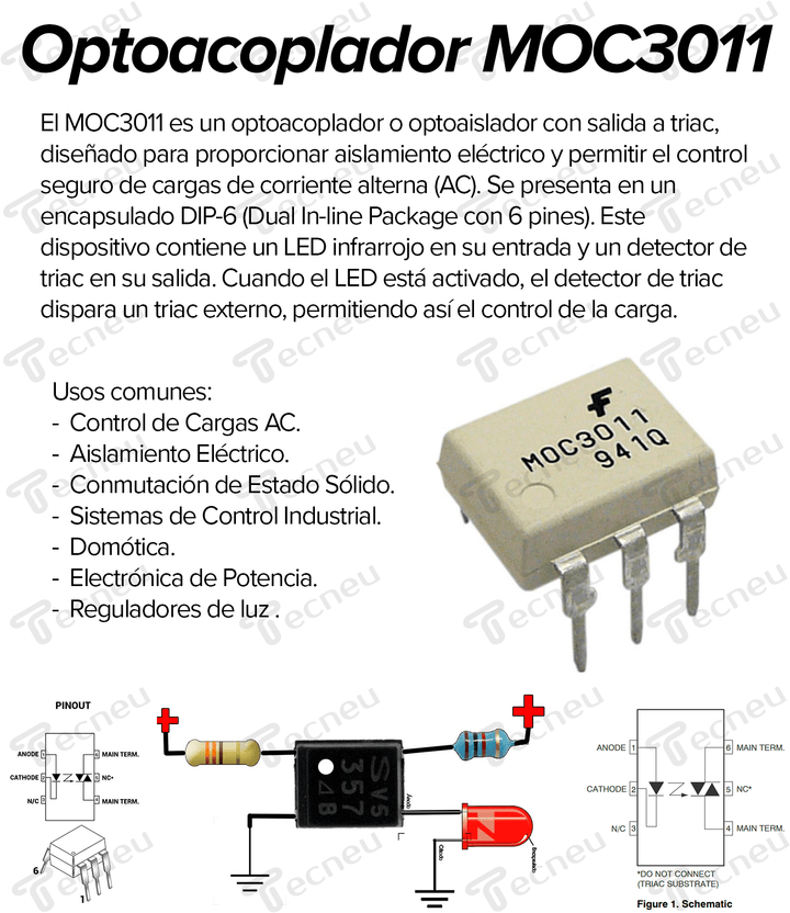 Optoacoplador MOC3011 Salida a Triac Driver DIP - 6 Optoaislador - Tecneu