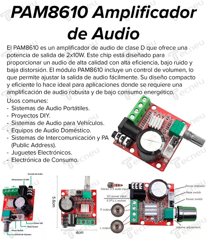 Pam8610 Amplificador Audio Control De Volumen 2x10w - Tecneu
