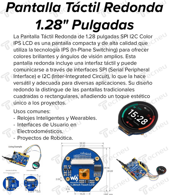 Pantalla Táctil Redonda 1.28" Pulgadas SPI I2C Color IPS LCD - Tecneu