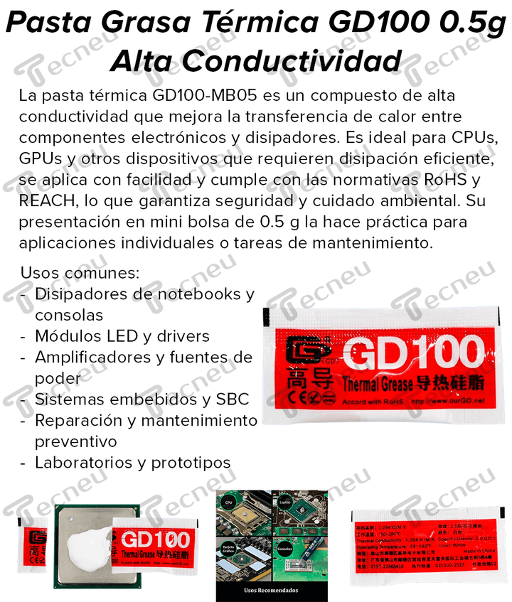 Pasta Grasa Térmica GD100 0.5g Alta Conductividad para CPU, MOSFET, Disipadores, Blanca Alto Rendimiento - Tecneu
