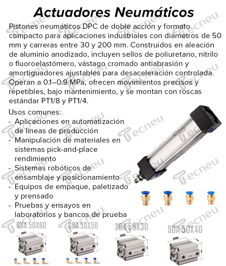 Pistón Actuador Neumático Doble Efecto 1mpa Sc50x200 Preciso - Tecneu