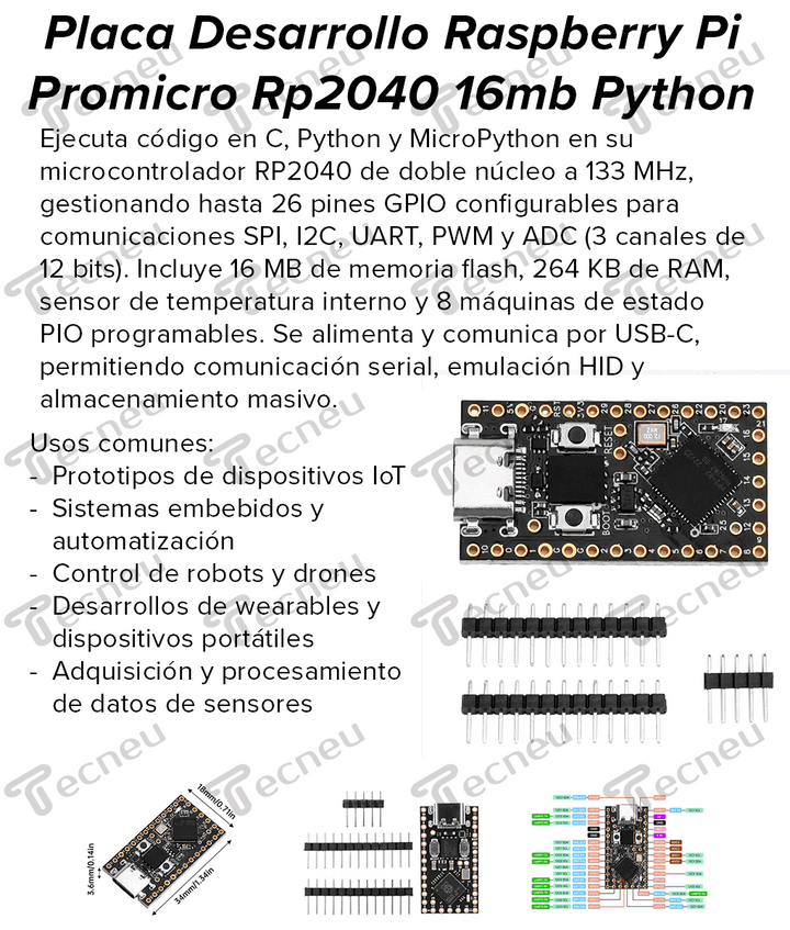 Placa Desarrollo Raspberry Pi Promicro Rp2040 16mb Python - Tecneu