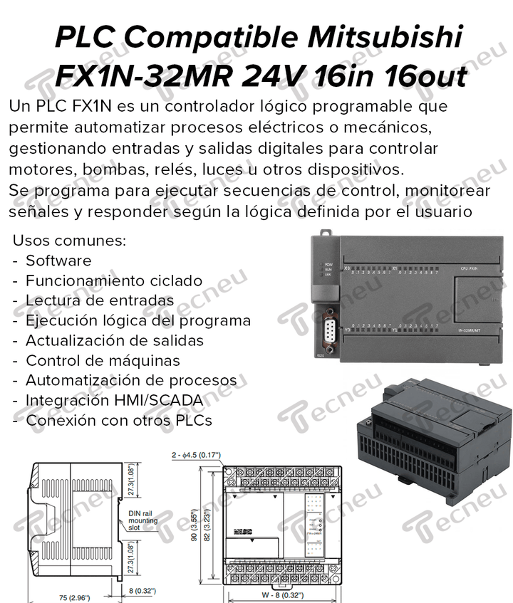 PLC Compatible Mitsubishi FX1N - 32MR 24V 16in 16out SALIDA A RELEVADOR - Tecneu