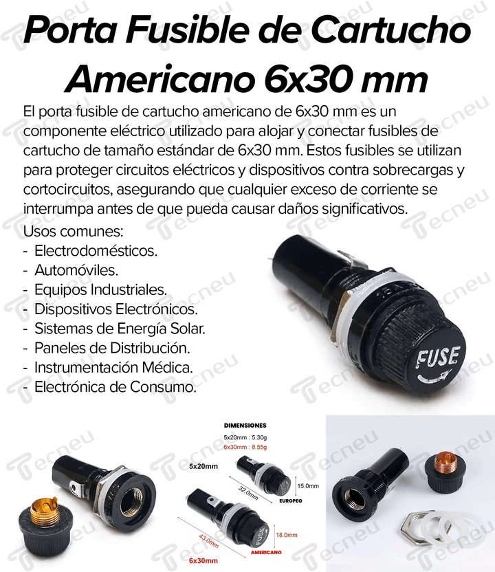 Porta Fusible de Cartucho Americano 6x30mm - Tecneu