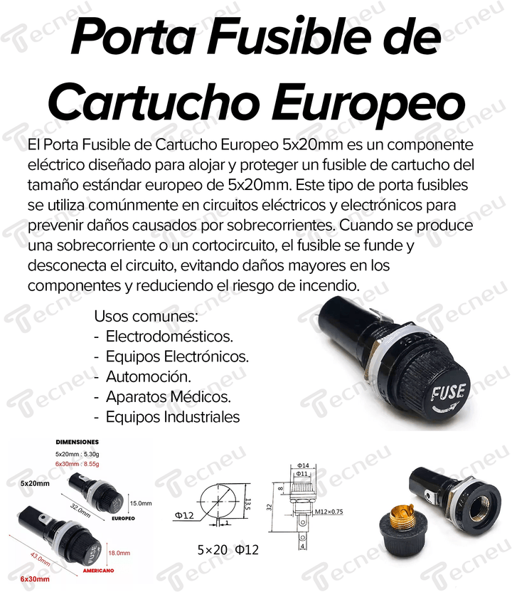 Porta Fusible de Cartucho Europeo 5x20mm - Tecneu