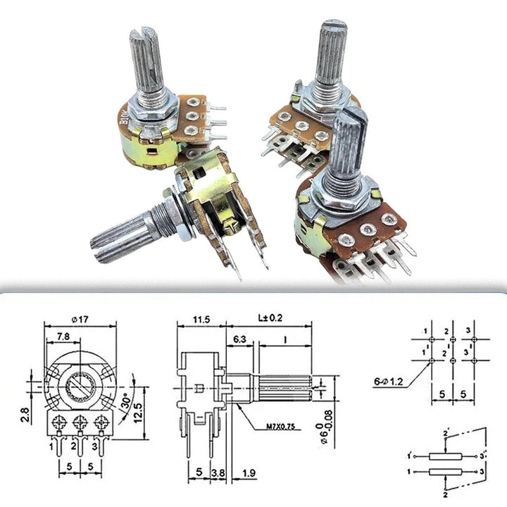 Potenciómetro Lineal B 20mm Doble 6 pines - Tecneu