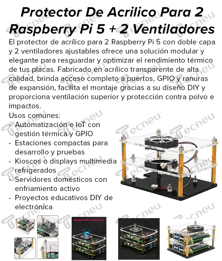 Protector De Acrilico Para 2 Raspberry Pi 5 + 2 Ventiladores - Tecneu