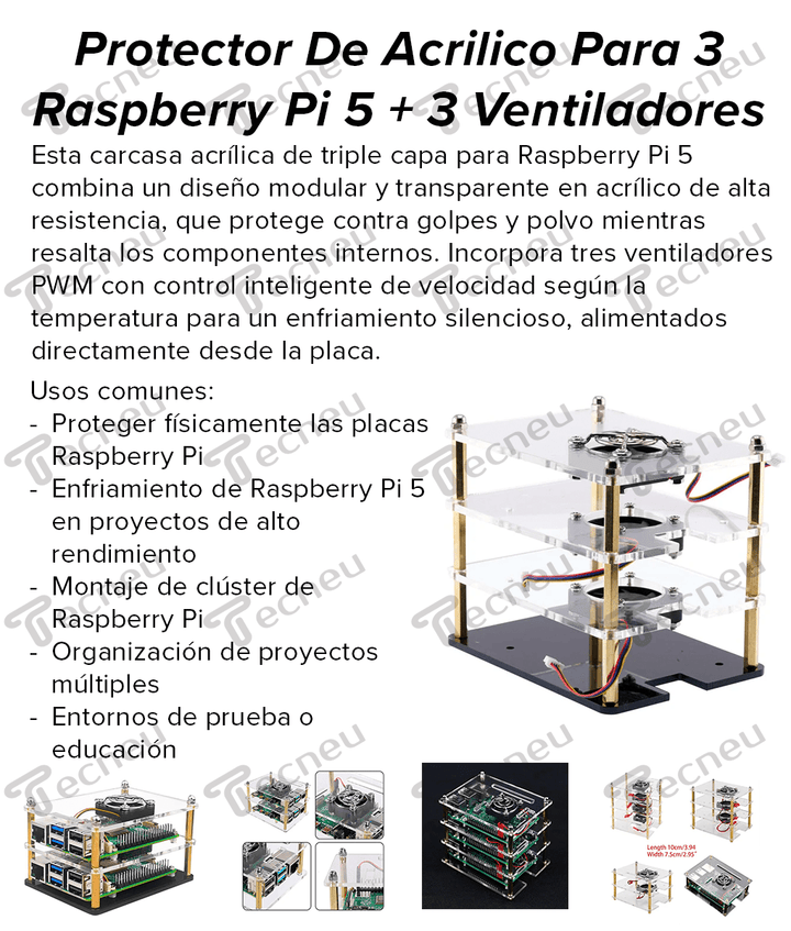 Protector De Acrilico Para 3 Raspberry Pi 5 + 3 Ventiladores - Tecneu