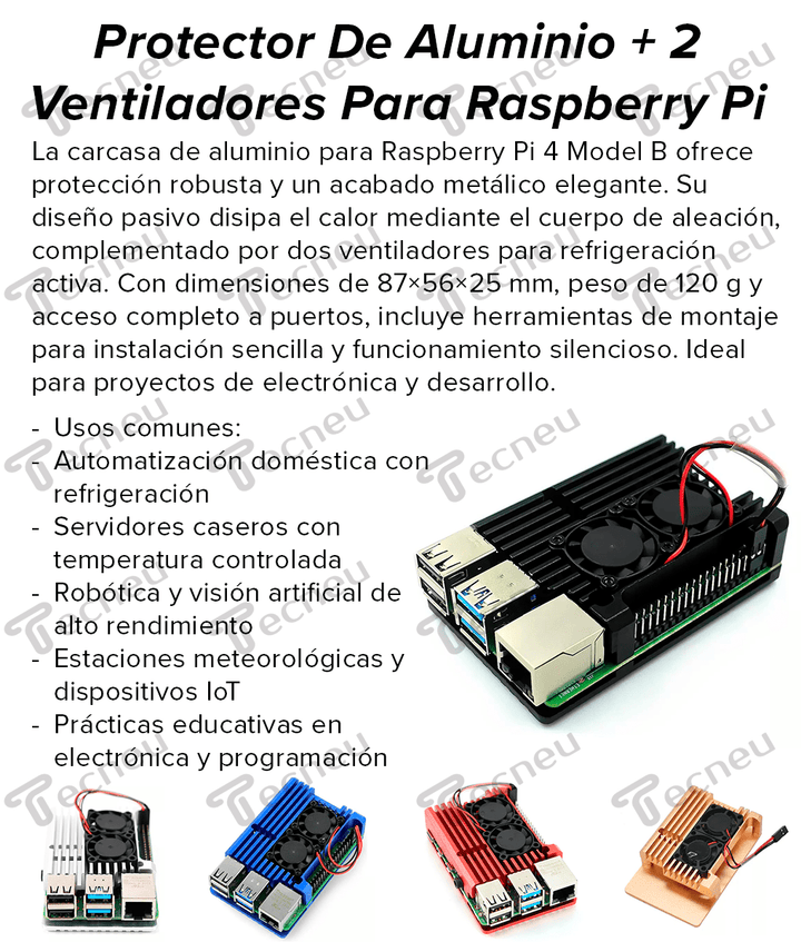 Protector De Aluminio + 2 Ventiladores Para Raspberry Pi 4b+ - Tecneu
