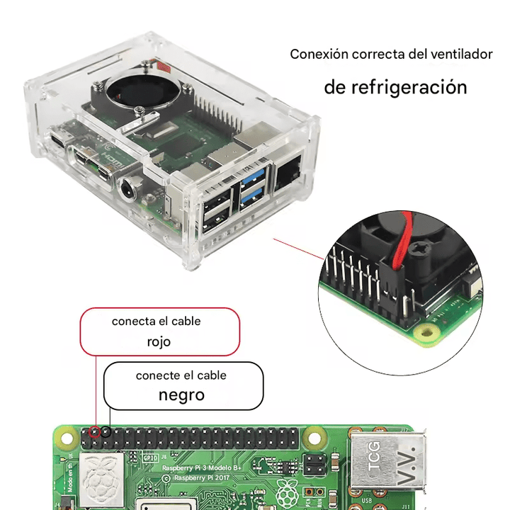 Protector Transparente de Acrílico Para Raspberry Pi 4b + Ventilador + 3 Disipadores - Tecneu