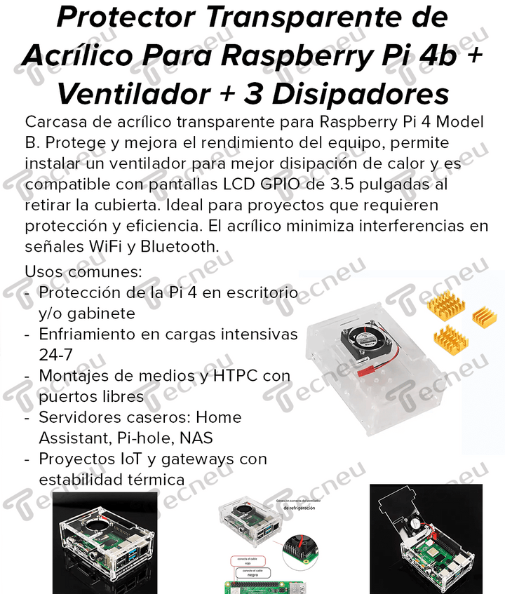 Protector Transparente de Acrílico Para Raspberry Pi 4b + Ventilador + 3 Disipadores - Tecneu