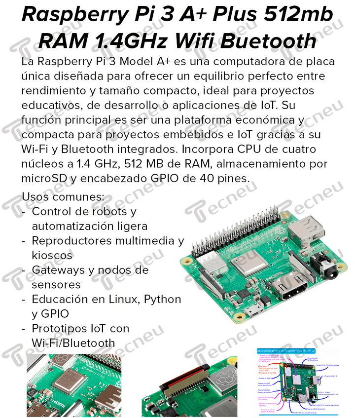 Raspberry Pi 3 A+ Plus 512mb RAM 1.4GHz Wifi Buetooth Original IoT - Tecneu
