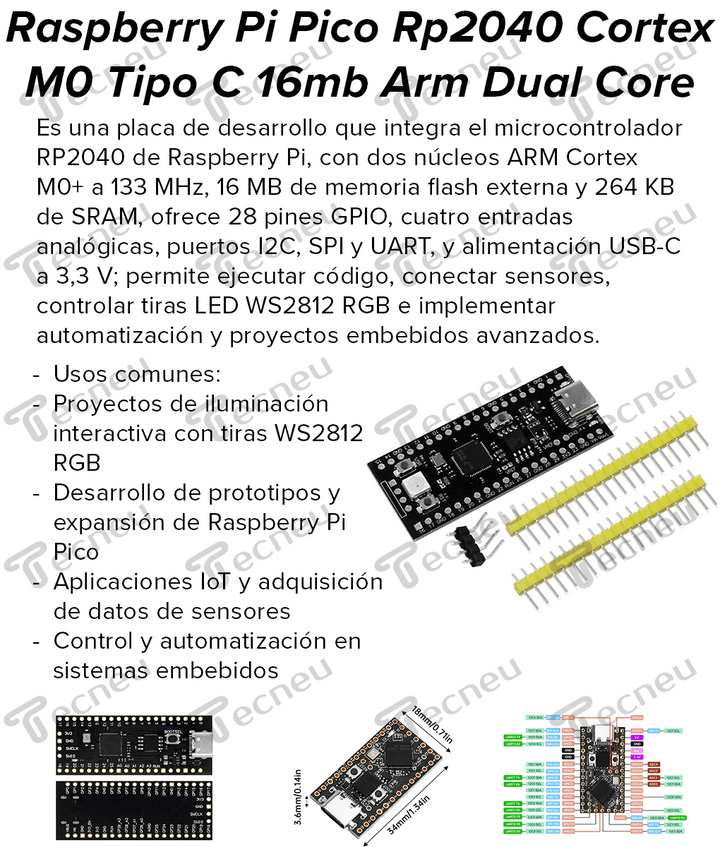 Raspberry Pi Pico Rp2040 Placa Cortexm0 Tipo C 16MB ARM Dual Core - Tecneu