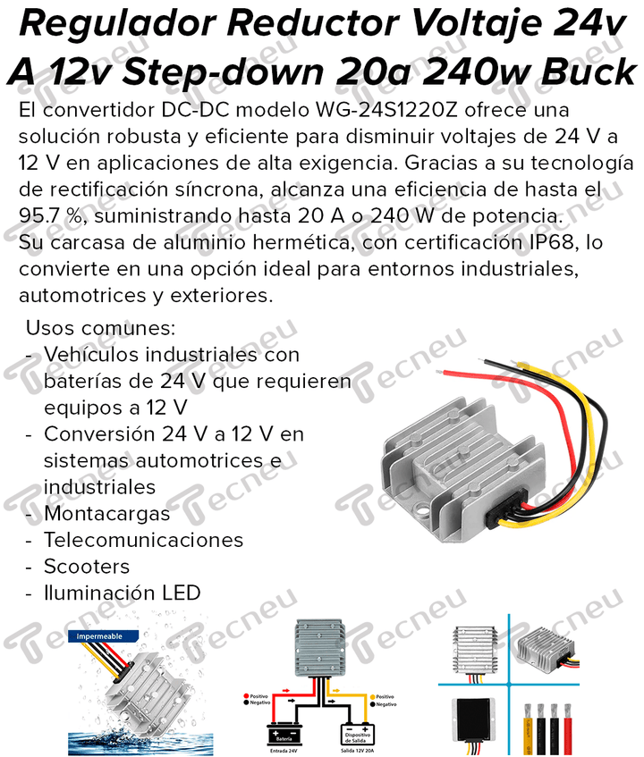 Regulador DC - DC Reductor De Voltaje 24V a 12V 20A Step - Down Buck IP68 240W Impermeable - Tecneu