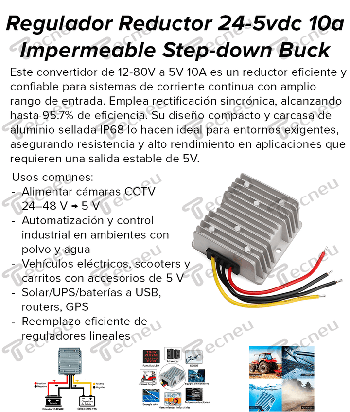 Regulador Reductor 24 - 5VDC 10A Impermeable Step - down buck IP68 - Tecneu