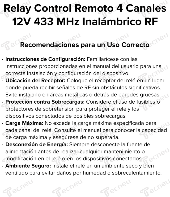 Relay Control Remoto 4 Canales 12v 433 Mhz Inalámbrico Rf - Tecneu