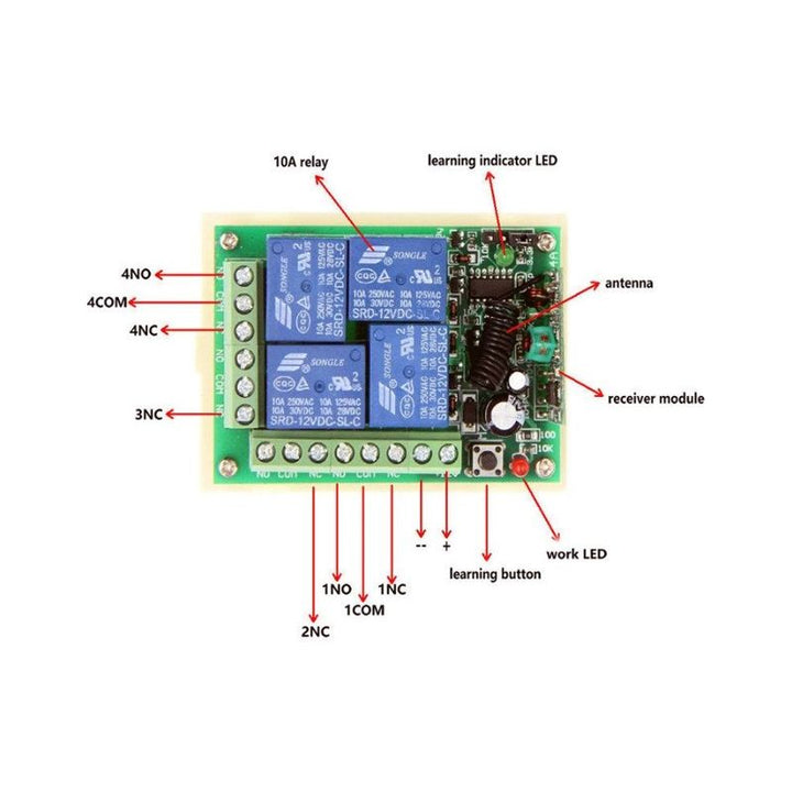 Relay Control Remoto 4 Canales 12v 433 Mhz Inalámbrico Rf - Tecneu