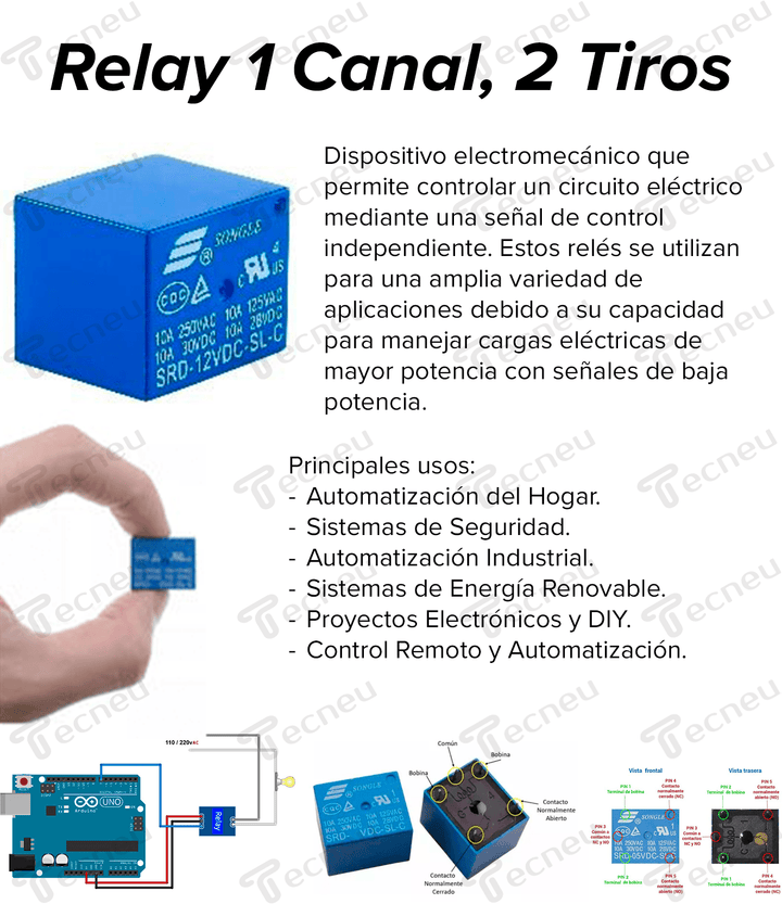Relevador Relay 1 Canal, 2 Tiros, 12v 10a - Tecneu