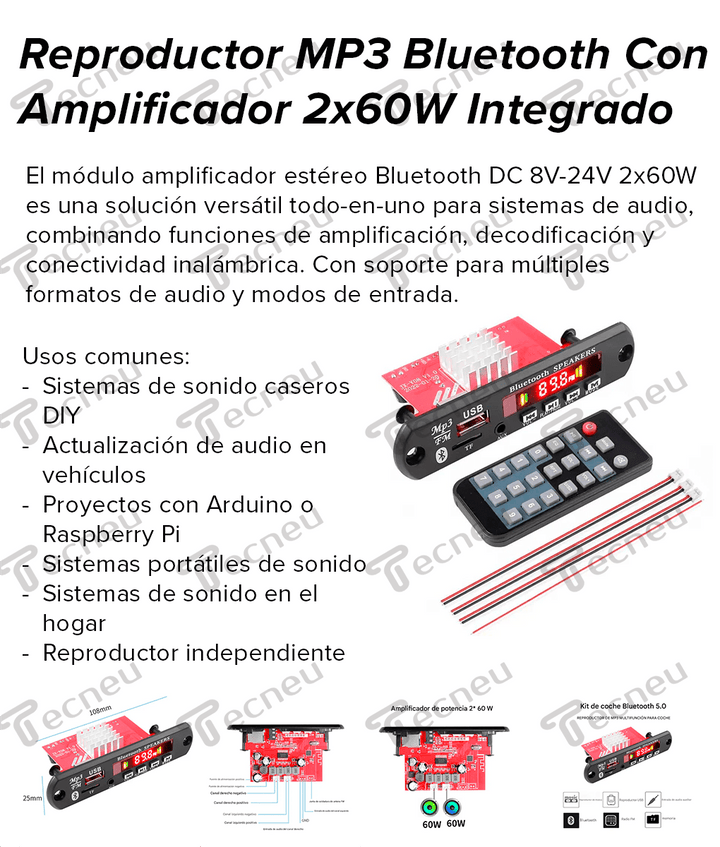 Reproductor MP3 Bluetooth Con Amplificador 2x60W Integrado - Tecneu