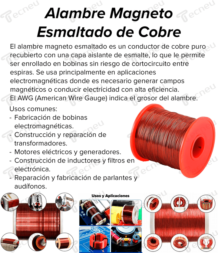 Rollo Bobina Alambre Magneto Esmaltado 500g 100% Cobre 30AWG - Tecneu