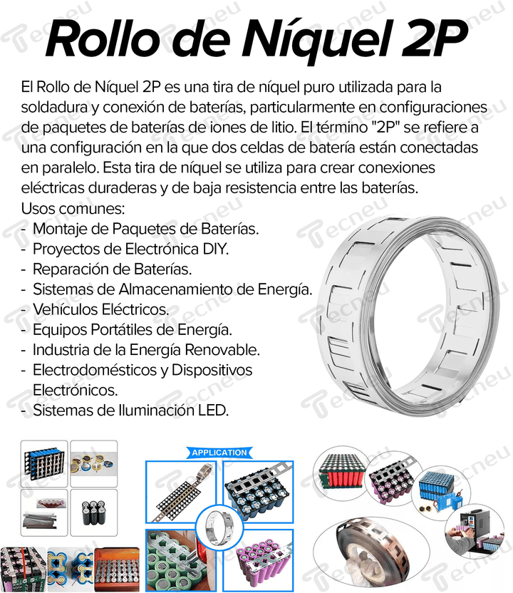 Rollo De Níquel 2p Para Sistemas De 2 Baterías 18650 en Paralelo 2P - Tecneu