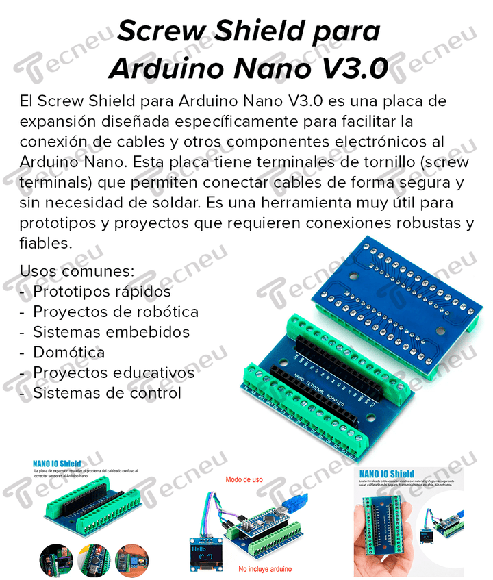 Screw Shield Arduino Nano V3.0 Clema Bornera Pines Soldados - Tecneu