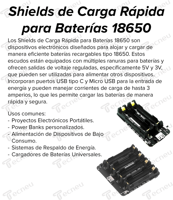 Shield Carga Rápida 2 Baterías 18650 3a 5v Y 3v Usb C Micro - Tecneu