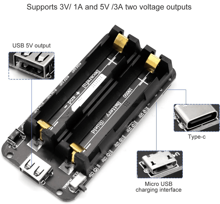 Shield Carga Rápida 2 Baterías 18650 3a 5v Y 3v Usb C Micro - Tecneu