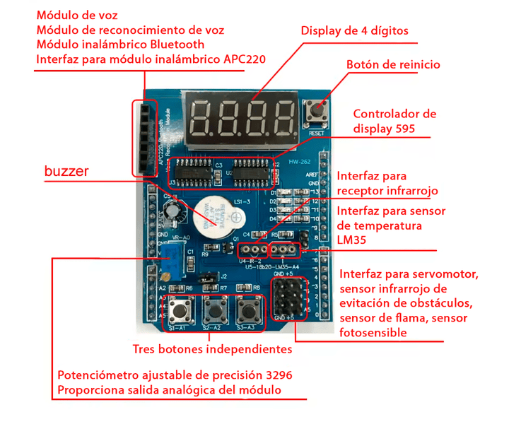 Shield multifuncional HW - 262 para Sensores compatible Uno R3, Mega2560, Leonardo - Tecneu