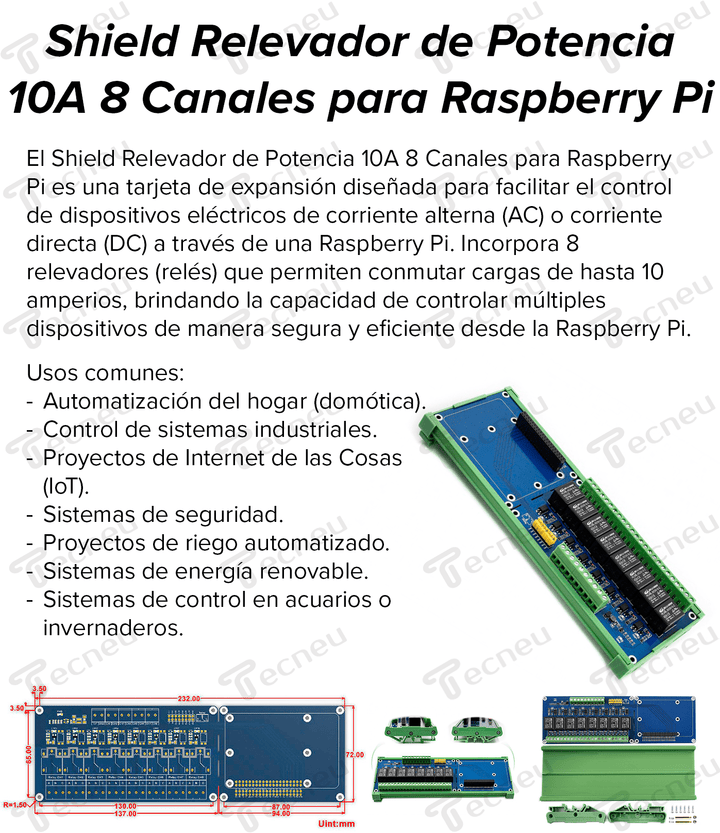 Shield Para Raspberry Pi Relevador De Potencia 10a 8 Canales - Tecneu