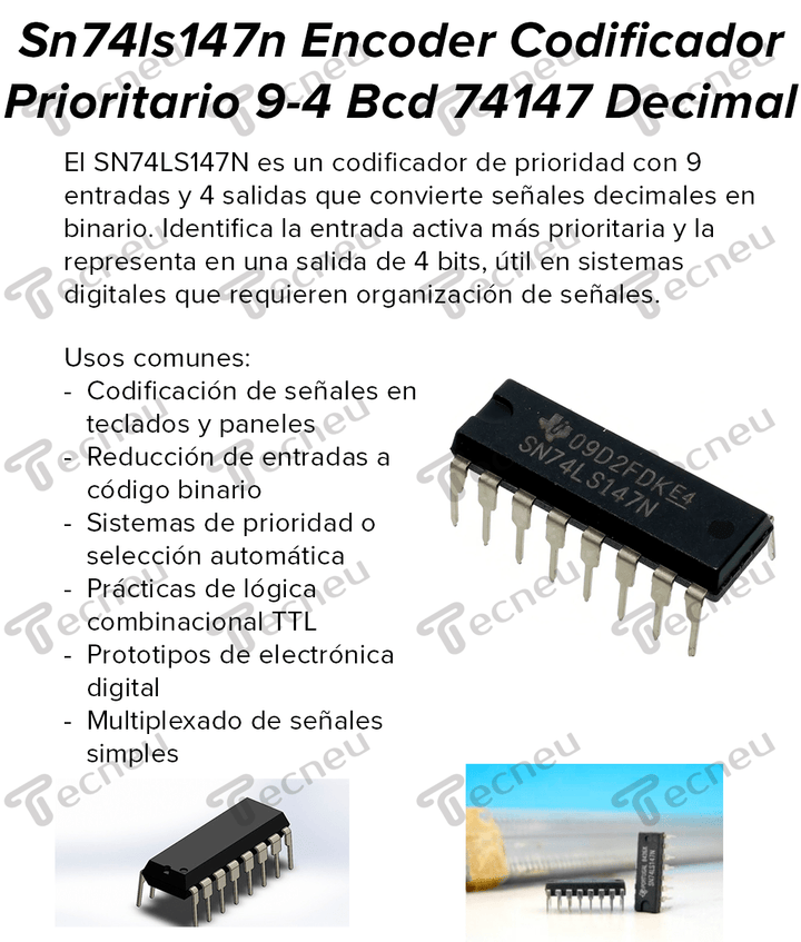 SN74LS147N Encoder Codificador Prioritario de 9 a 4 Lineas DIP - 16 Decimal a Binario - Tecneu