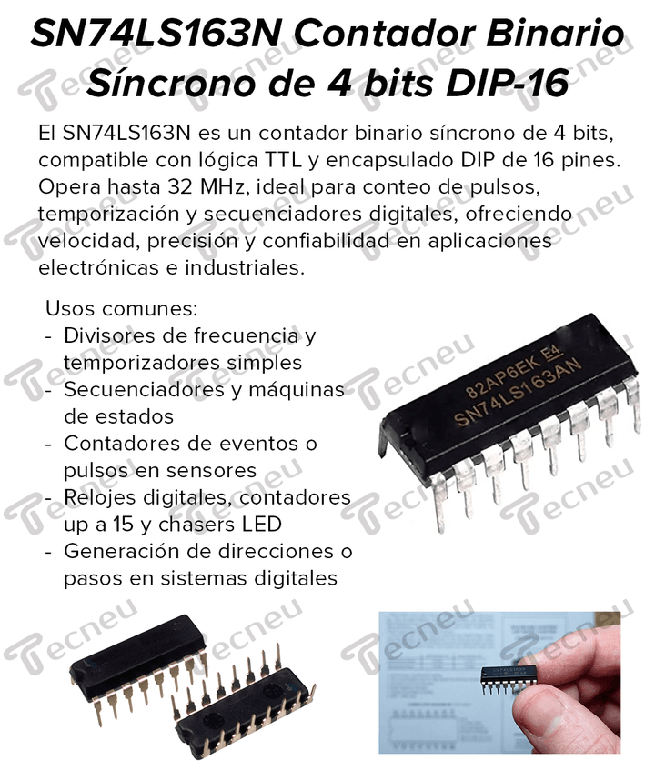 SN74LS163N Contador Binario Síncrono de 4 bits DIP - 16 - Tecneu