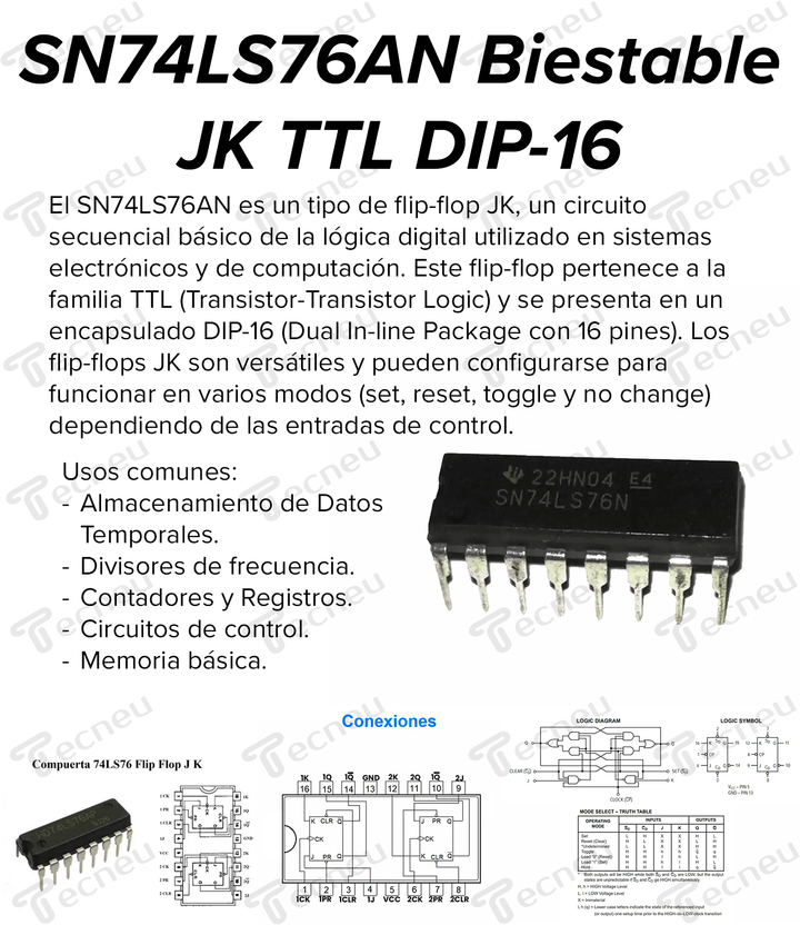 SN74LS76N Flip Flop JK TTL DIP - 16 - Tecneu