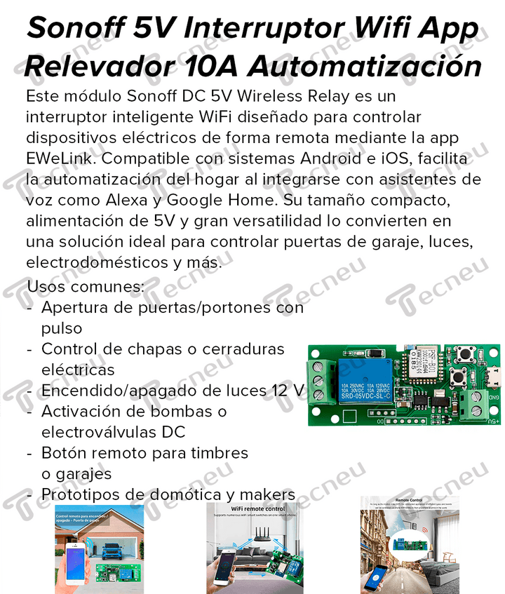 Sonoff 5V Interruptor Wifi App Relevador 10A Automatización - Tecneu