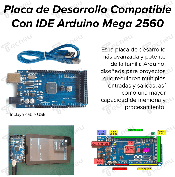 Tarjeta de desarrollo Mega 2560 Con Cable Usb - Tecneu