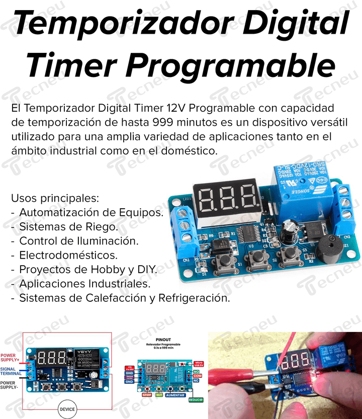 Temporizador Digital Timer 12v Programable 999 Minutos - Tecneu