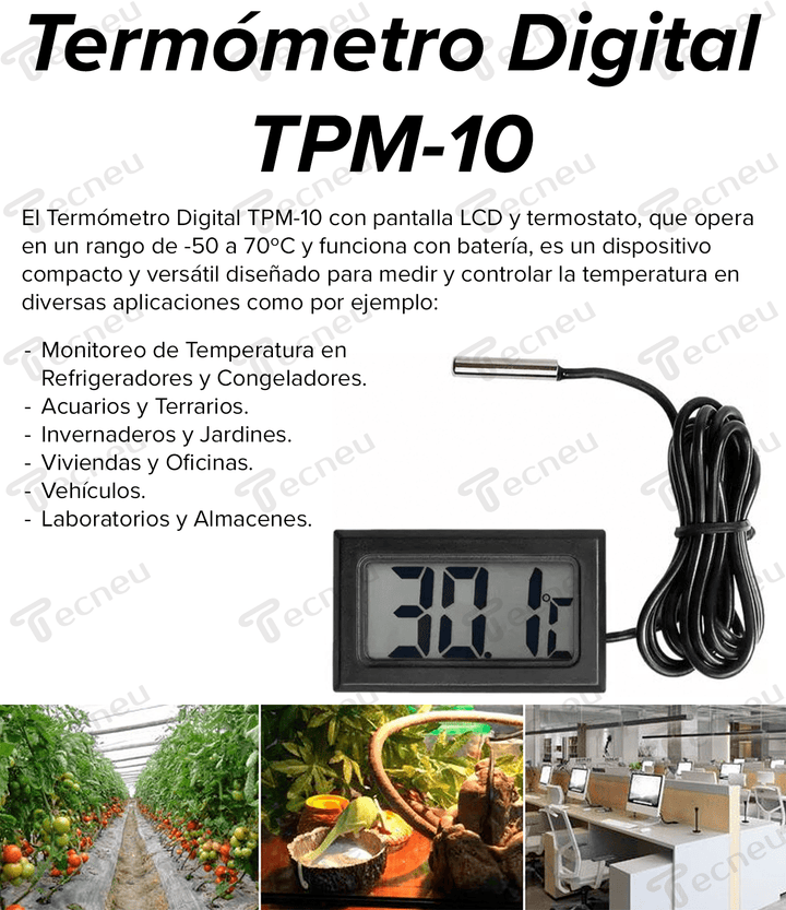 Termómetro Digital Tpm - 10 Lcd Termostato - 50 A 70º C Con Batería - Tecneu