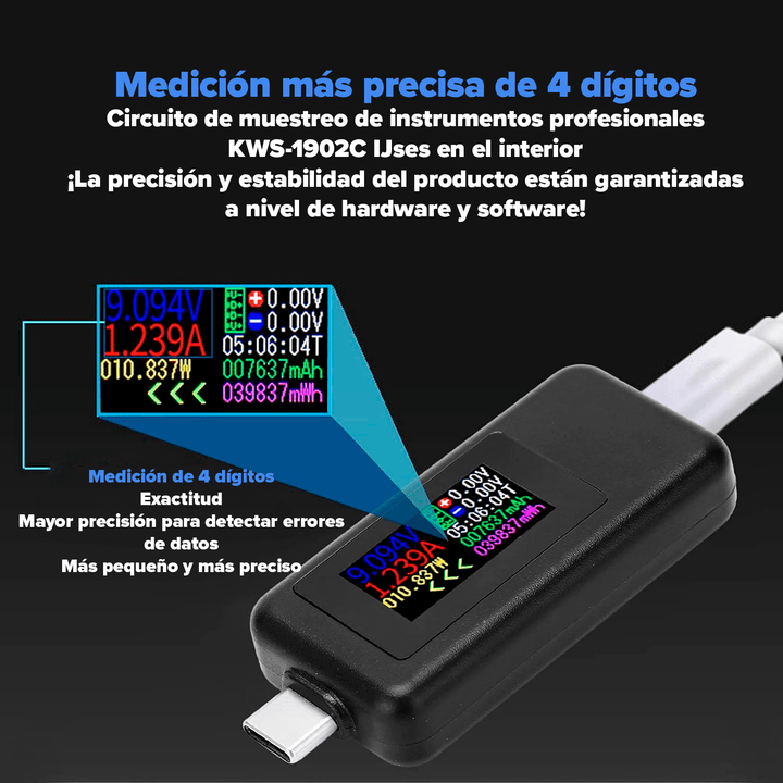 Tester Tipo C Medidor Voltaje Digital Amperaje Carga Telefono 10 En 1 - Tecneu