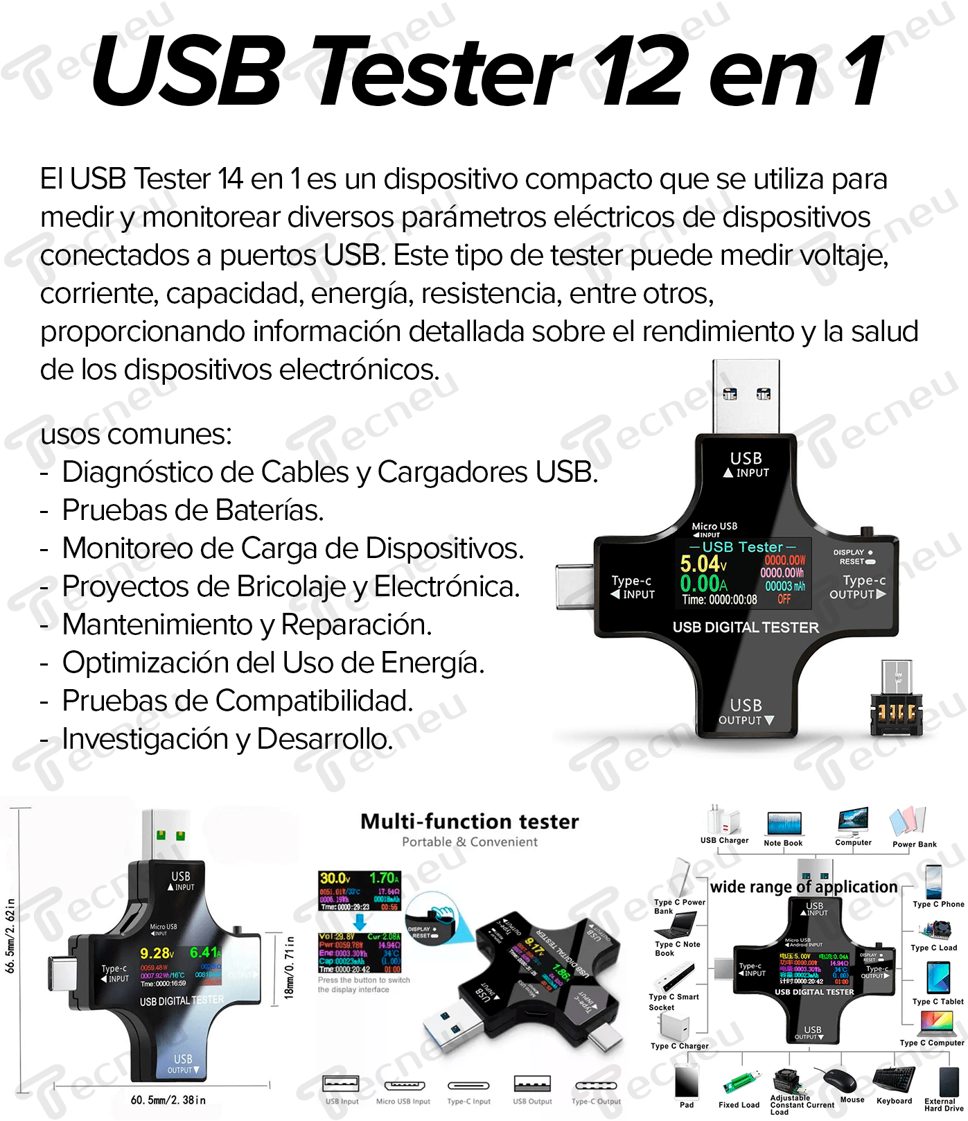 Usb Test Prueba 12 En 1 Medidor Probador Voltaje Amperaje + - Tecneu