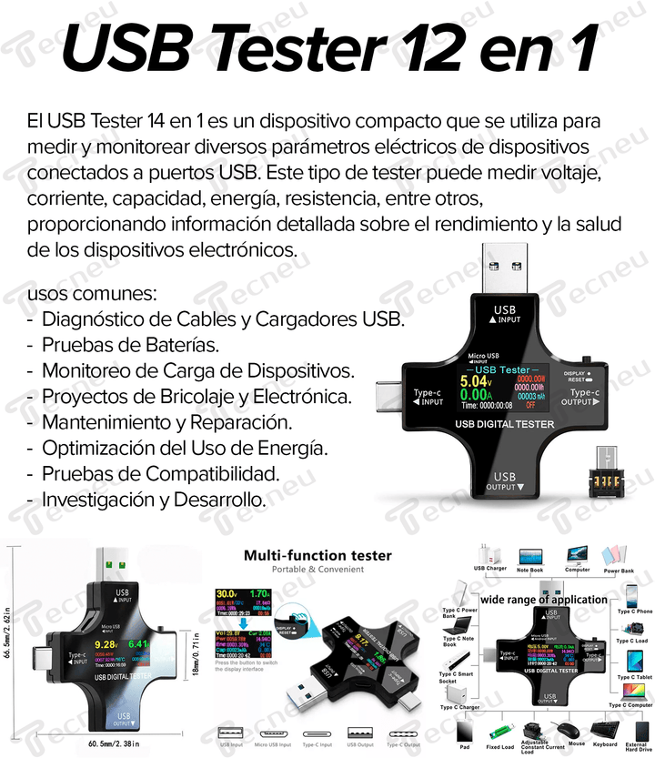 Usb Test Prueba 12 En 1 Medidor Probador Voltaje Amperaje + - Tecneu