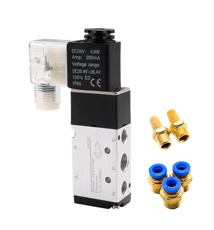 Válvula Neumática Solenoide 4V210 - 08 con Conectores Rápidos 6mm y Silenciadores - Tecneu