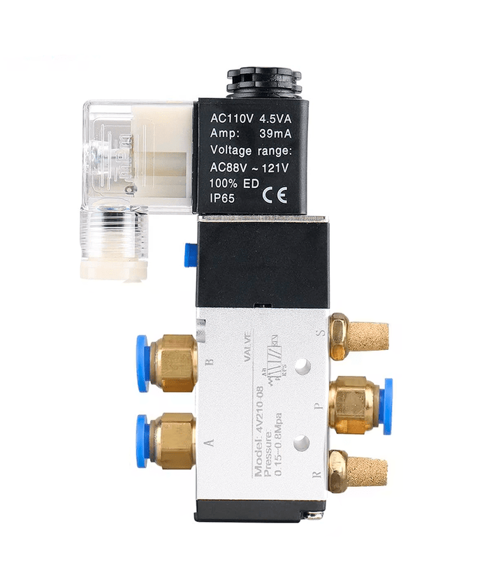 Válvula Neumática Solenoide 4V210 - 08 con Conectores Rápidos 6mm y Silenciadores - Tecneu