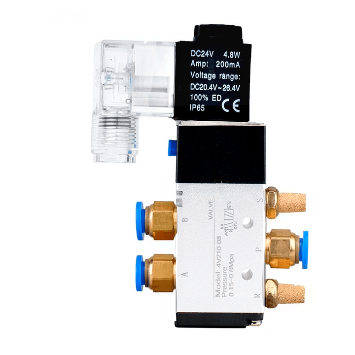 Válvula Neumática Solenoide 4V210 - 08 con Conectores Rápidos 6mm y Silenciadores - Tecneu