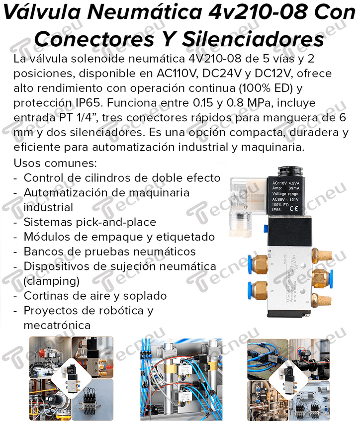 Válvula Neumática Solenoide 4V210 - 08 con Conectores Rápidos 6mm y Silenciadores - Tecneu