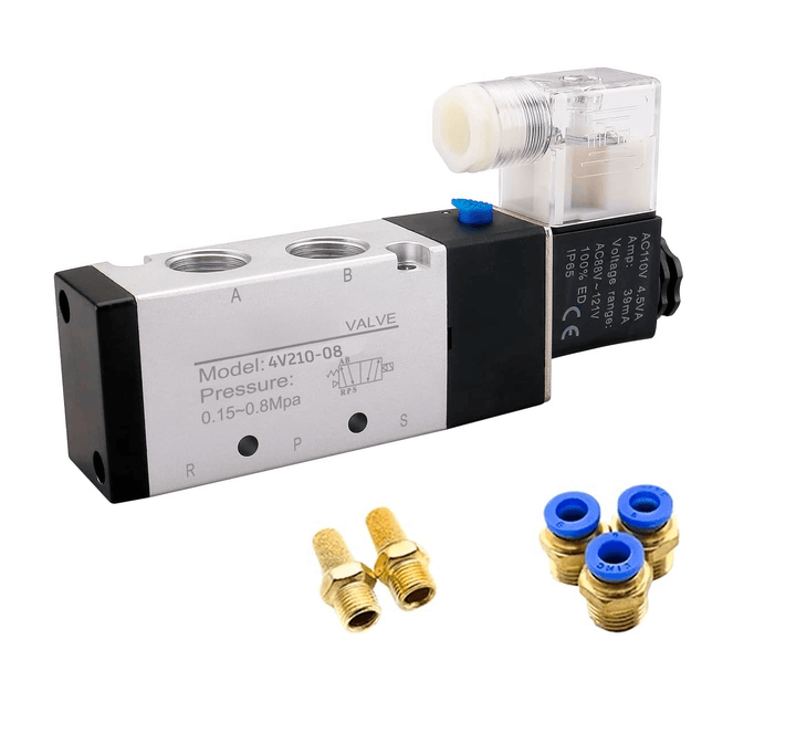 Válvula Neumática Solenoide 4V210 - 08 con Conectores Rápidos 6mm y Silenciadores - Tecneu