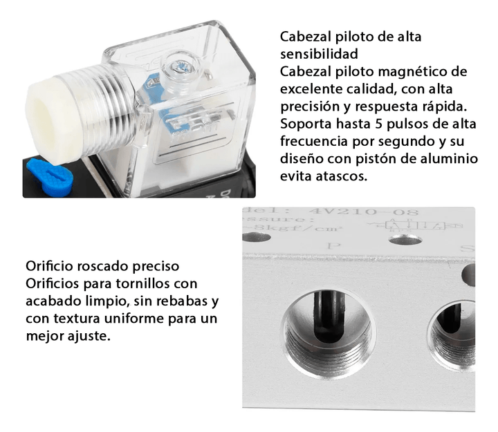 Válvula Neumática Solenoide 4V210 - 08 con Conectores Rápidos 6mm y Silenciadores - Tecneu
